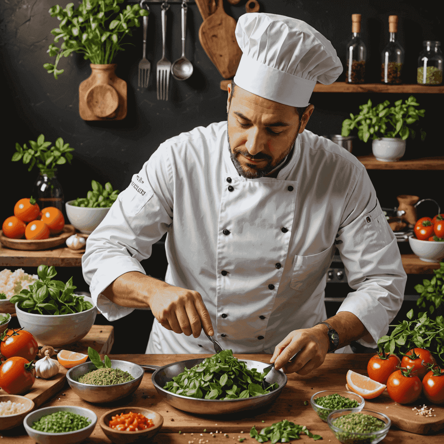 Szef kuchni przygotowujący danie z oregano, otoczony świeżymi składnikami śródziemnomorskimi