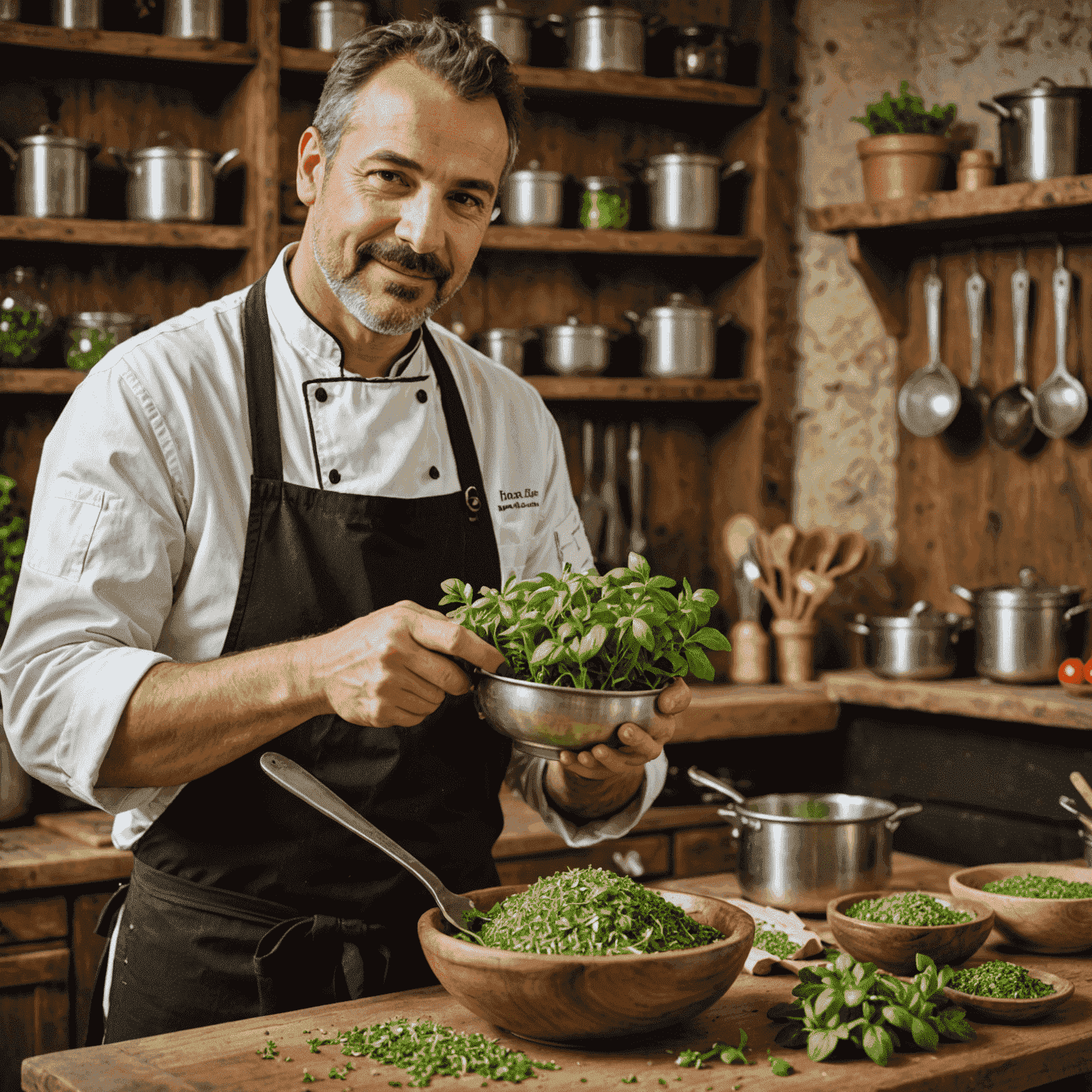 Znany szef kuchni trzymający świeże zioła oregano w rustykalnej kuchni, z miską mieszanki ziół w tle