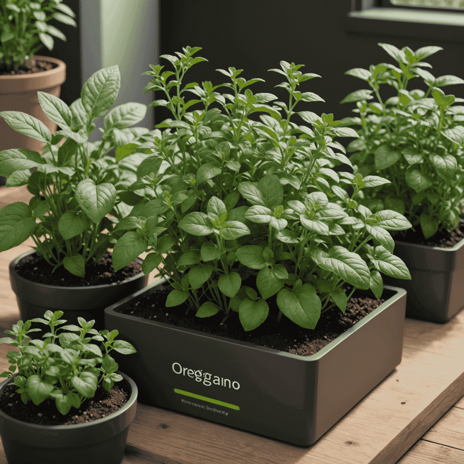 Wirtualny ogród ziołowy z różnymi odmianami oregano, pokazujący interaktywny interfejs z możliwością zbliżenia na poszczególne rośliny