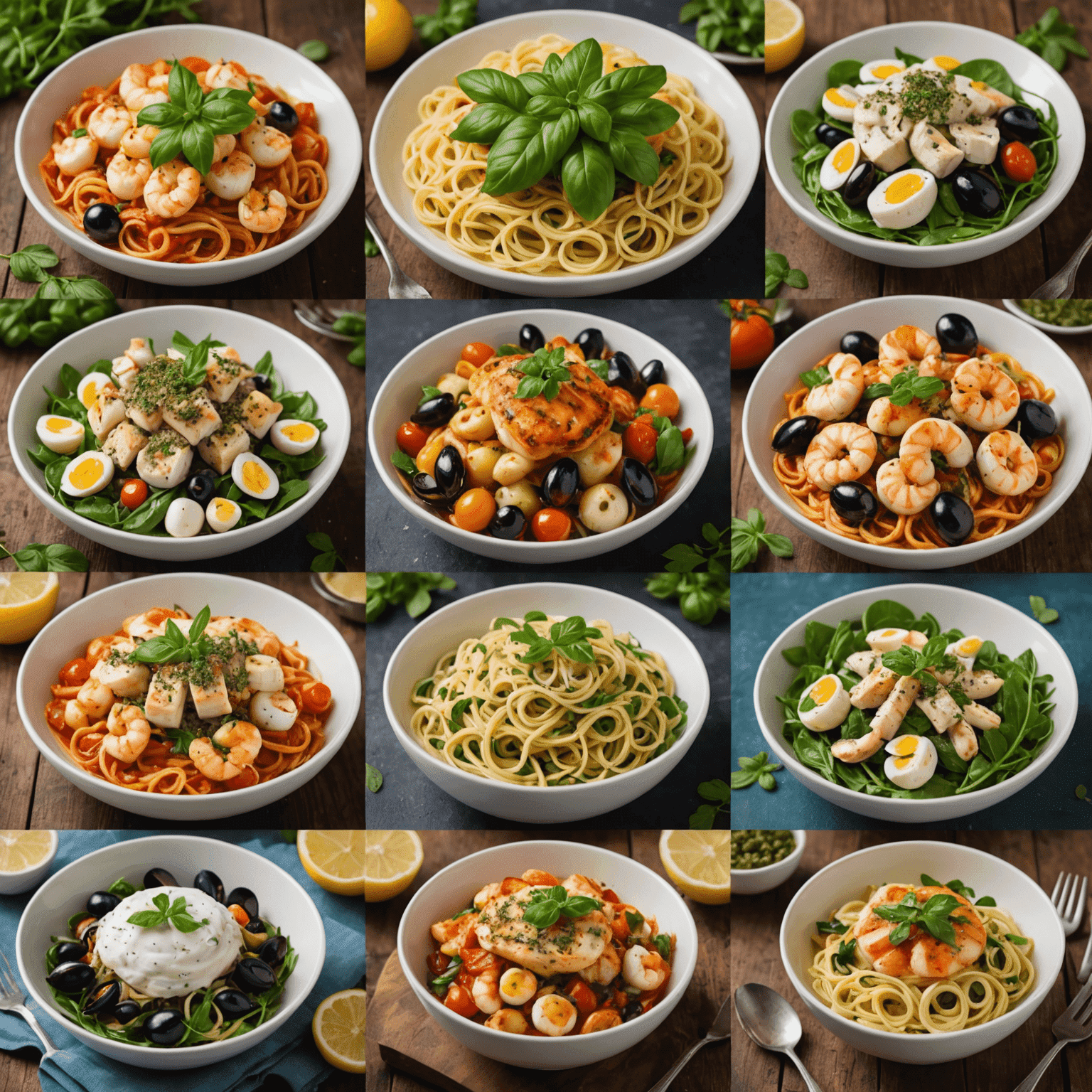 Kolaż zdjęć przedstawiający różnorodne dania kuchni śródziemnomorskiej, w tym pasty, owoce morza, sałatki i desery, wszystkie ozdobione świeżymi ziołami, w tym oregano. Zdjęcia ułożone są w artystyczny sposób, tworząc apetyczny i inspirujący widok.