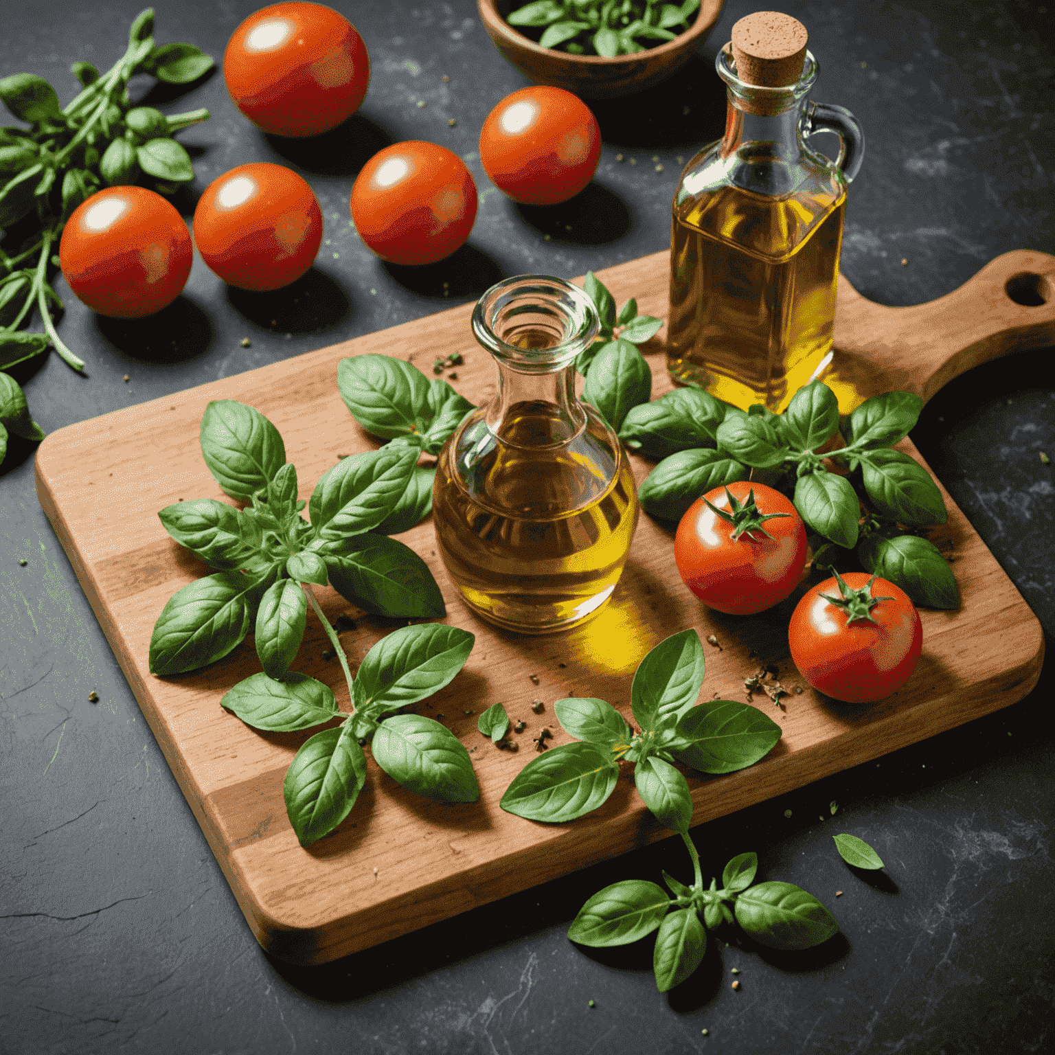 Świeże liście oregano na drewnianej desce do krojenia, obok oliwy z oliwek i świeżych pomidorów, symbolizujące podstawowe składniki kuchni śródziemnomorskiej