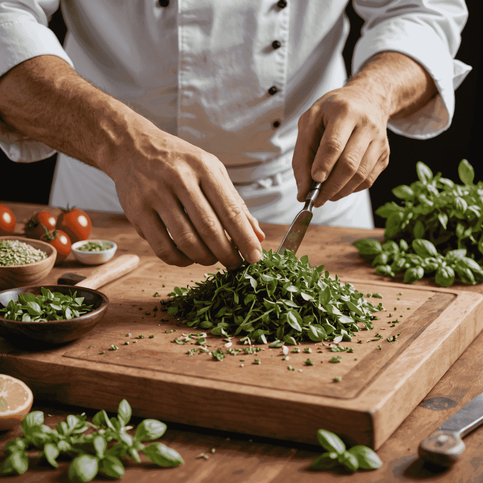 Szef kuchni demonstrujący technikę krojenia ziół, skupiając się na świeżym oregano na drewnianej desce do krojenia