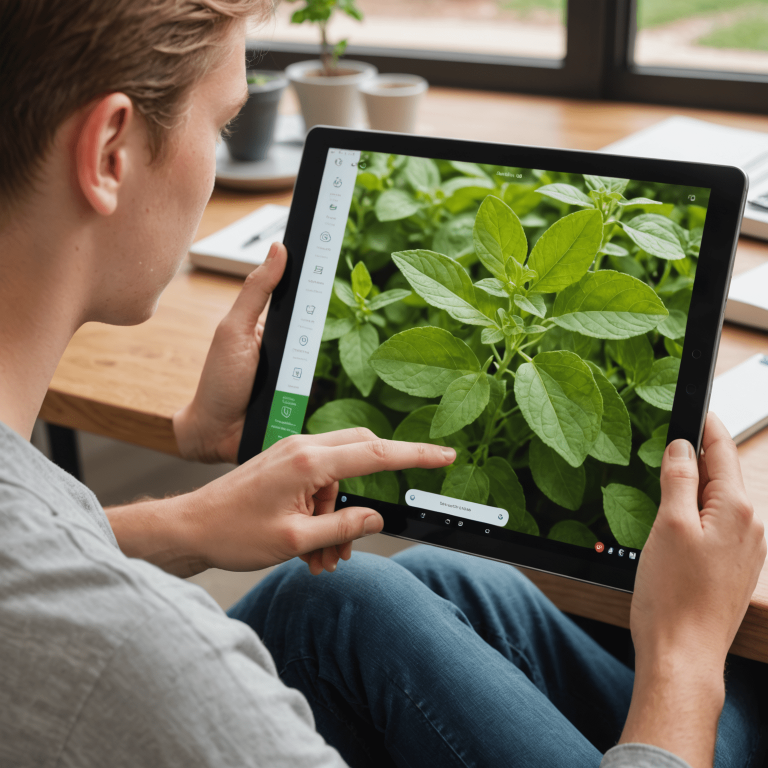 Student Akademii Oregano korzystający z wirtualnej wycieczki na tablecie, z widocznym zbliżeniem na liście oregano na ekranie
