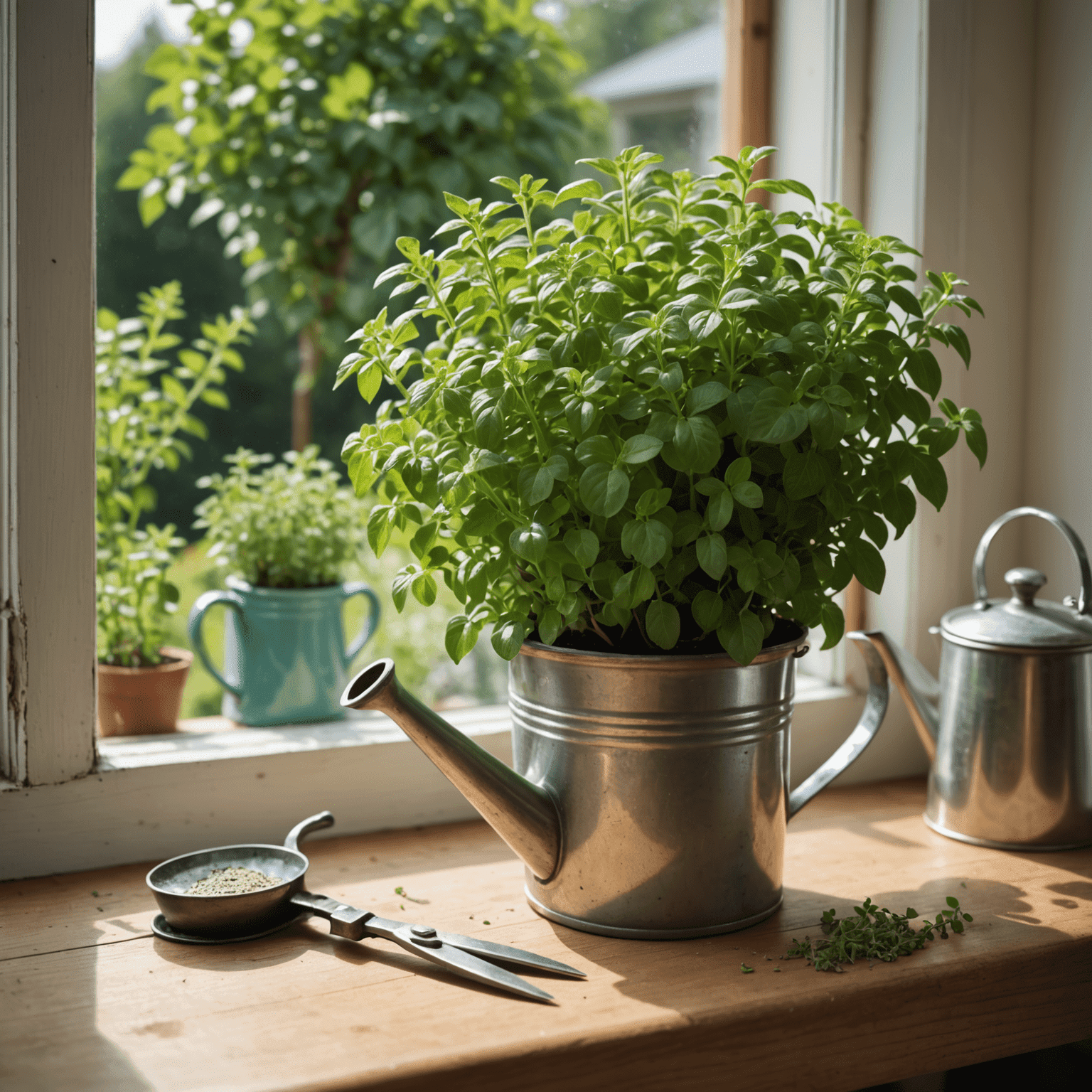 Doniczka z bujnie rosnącym oregano na słonecznym parapecie kuchennym, obok nożyczek ogrodniczych i małego dzbanuszka do podlewania