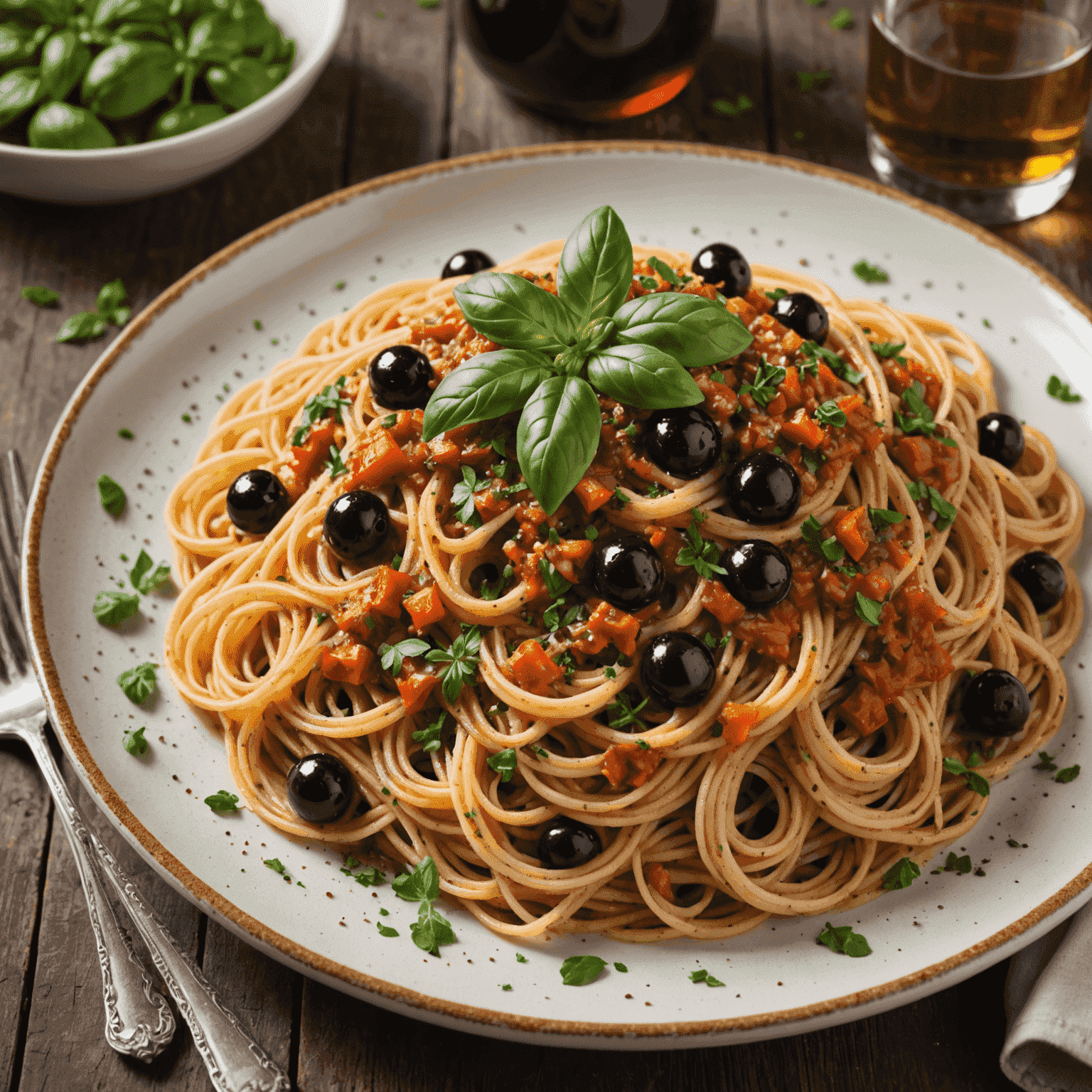 Talerz ze spaghetti alla puttanesca posypany świeżym oregano