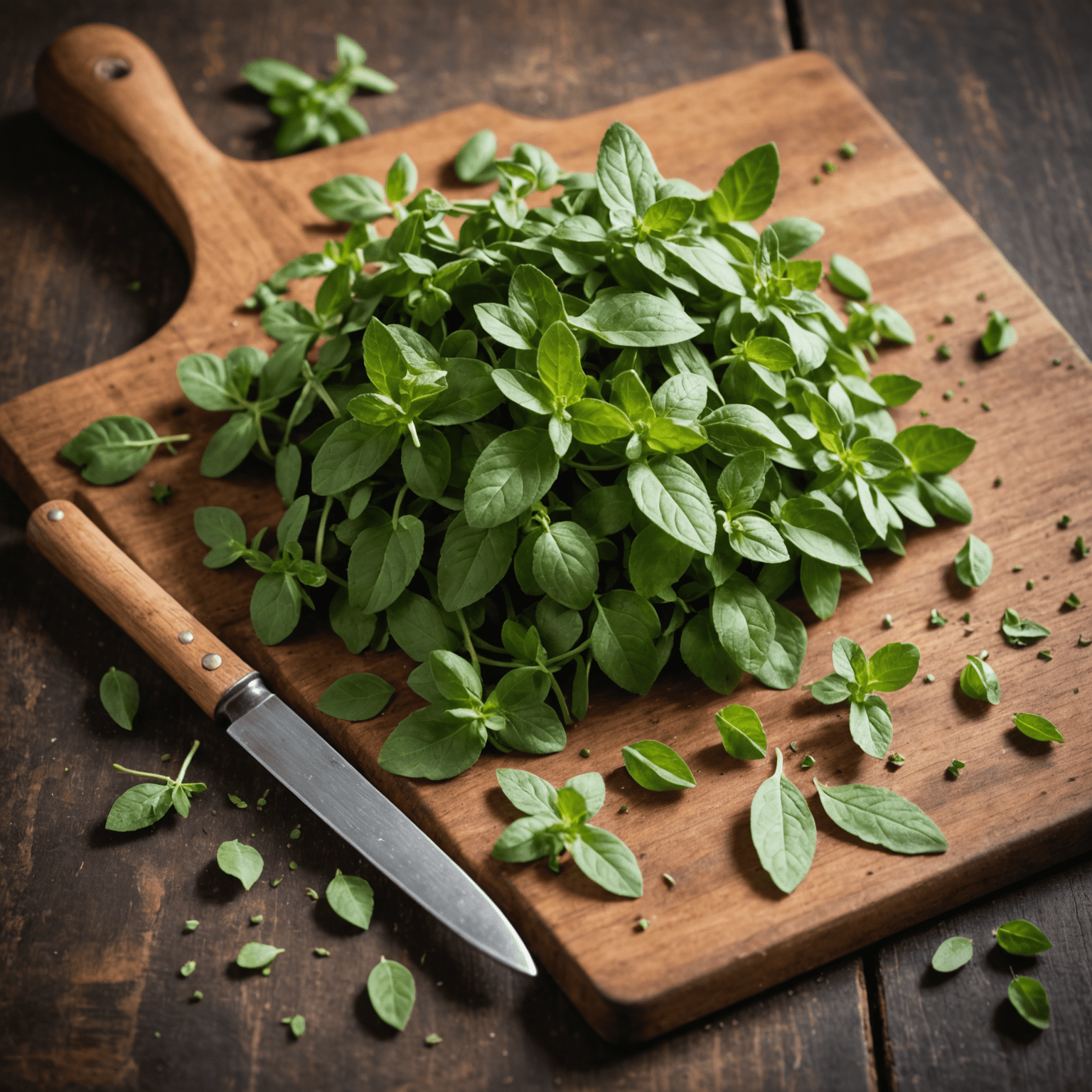 Zbliżenie na świeżo zebrane liście oregano ułożone na rustykalnej drewnianej desce do krojenia, obok leży nożyczka kuchenna i mały moździerz z tłuczkiem