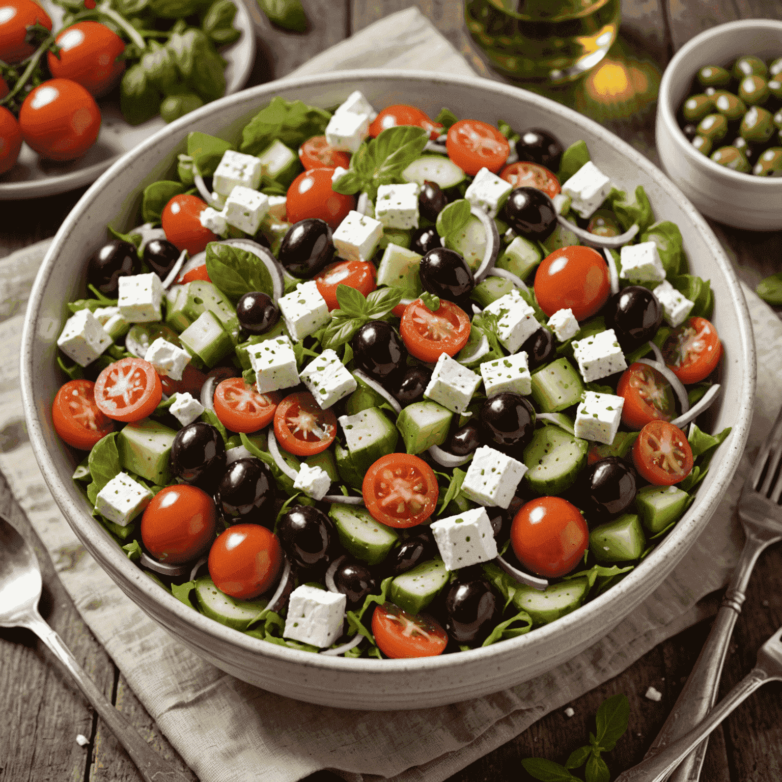 Miska greckiej sałatki z dużą ilością świeżego oregano, widoczne kawałki fety, oliwki i pomidory