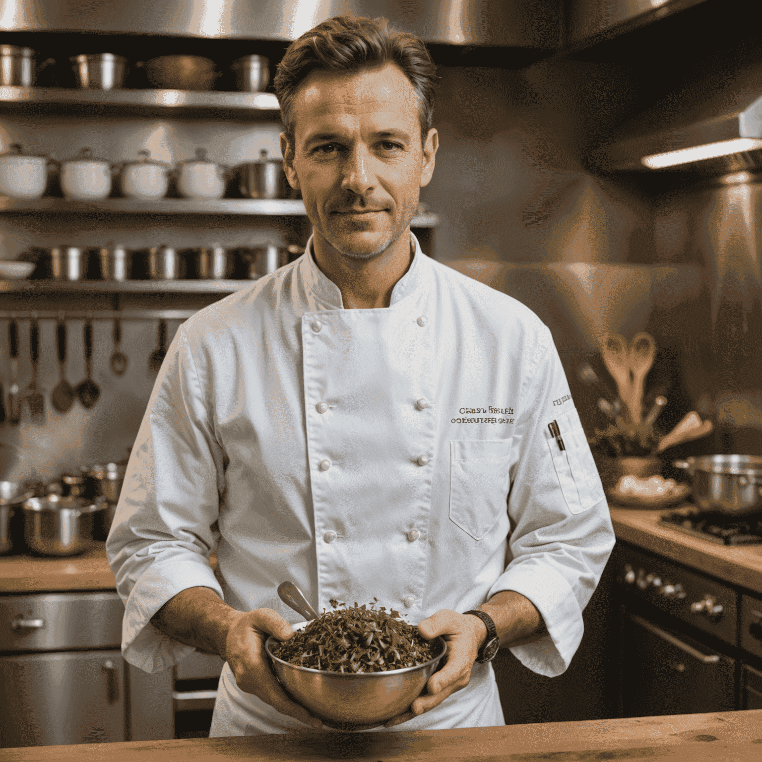 Znany szef kuchni w białym fartuchu, trzymający miskę z tajemniczą mieszanką ziół, z wyraźnie widocznym oregano. W tle widać profesjonalną kuchnię restauracyjną.