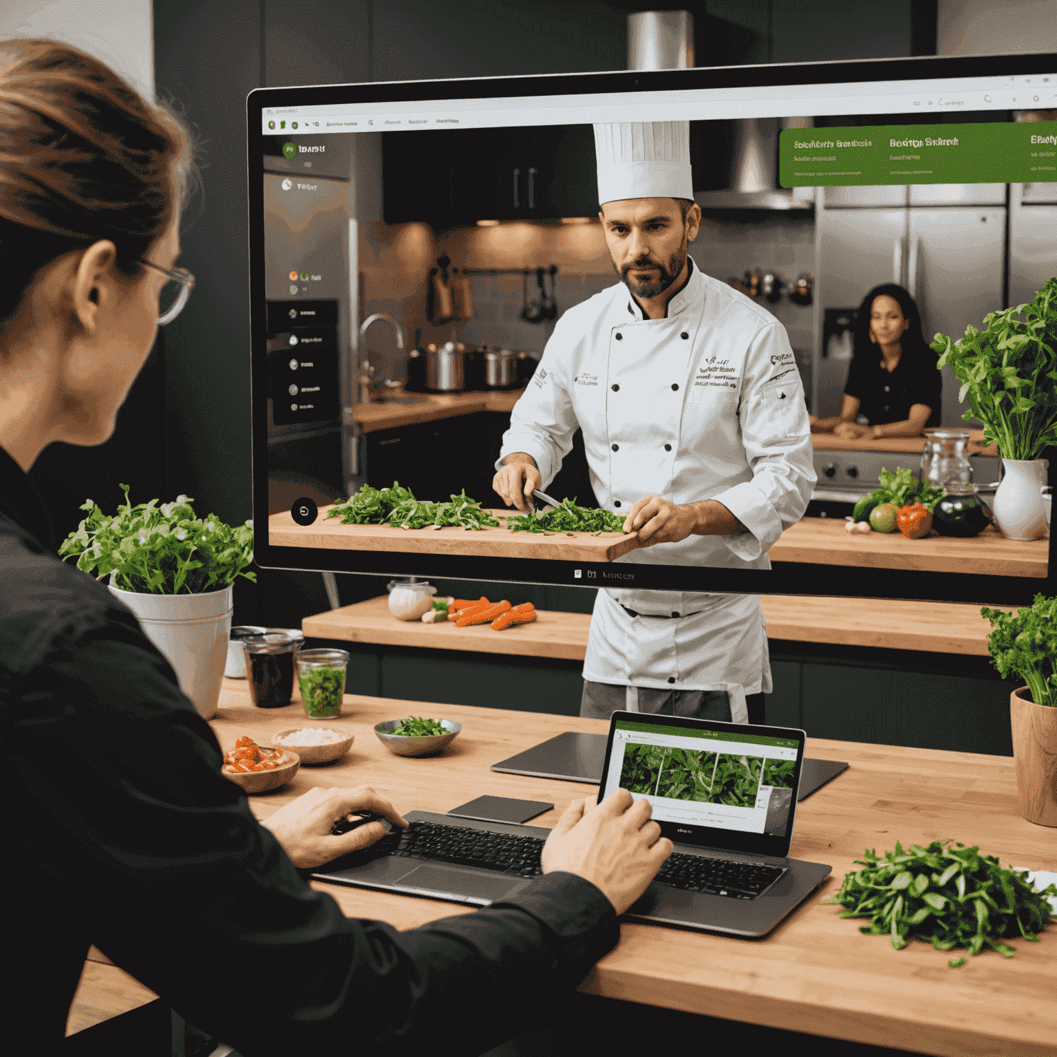 Szef kuchni demonstrujący technikę krojenia ziół na ekranie komputera, z uczestnikami kursu online obserwującymi