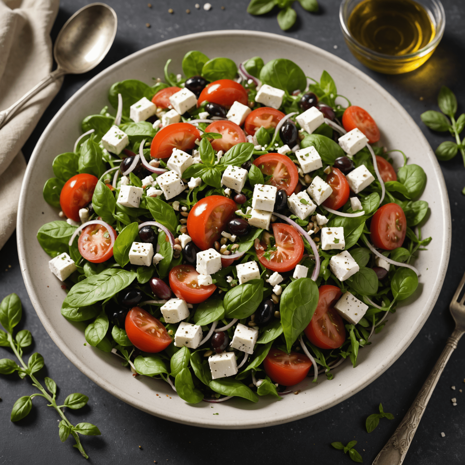 Grecka sałatka horiatiki z dużą ilością oregano na wierzchu