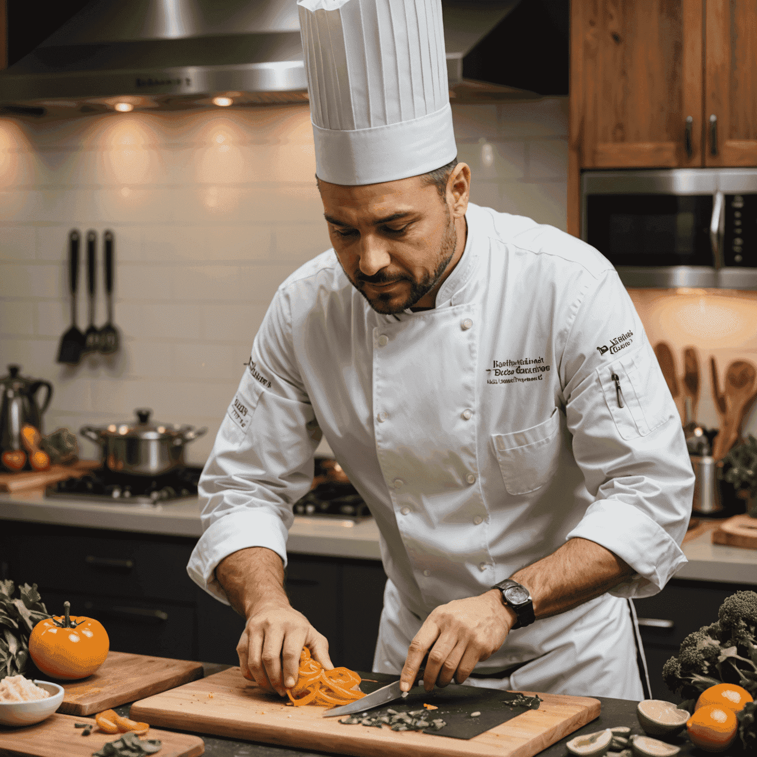 Szef kuchni demonstrujący technikę krojenia na wirtualnej sesji