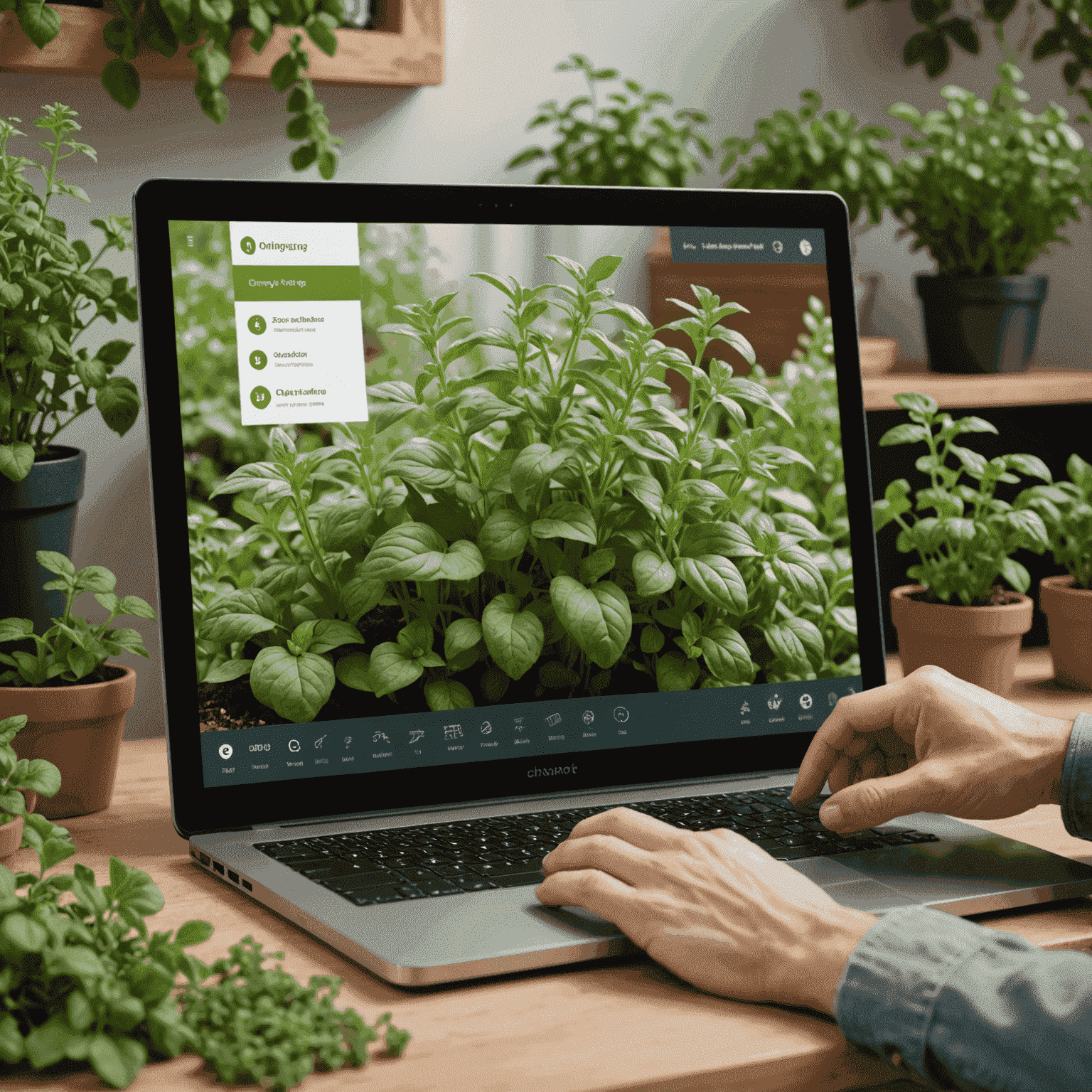 Ekran komputera pokazujący interaktywną, trójwymiarową wizualizację ogrodu ziołowego z różnymi odmianami oregano. Widoczna jest również ręka użytkownika wskazująca na jedną z roślin.