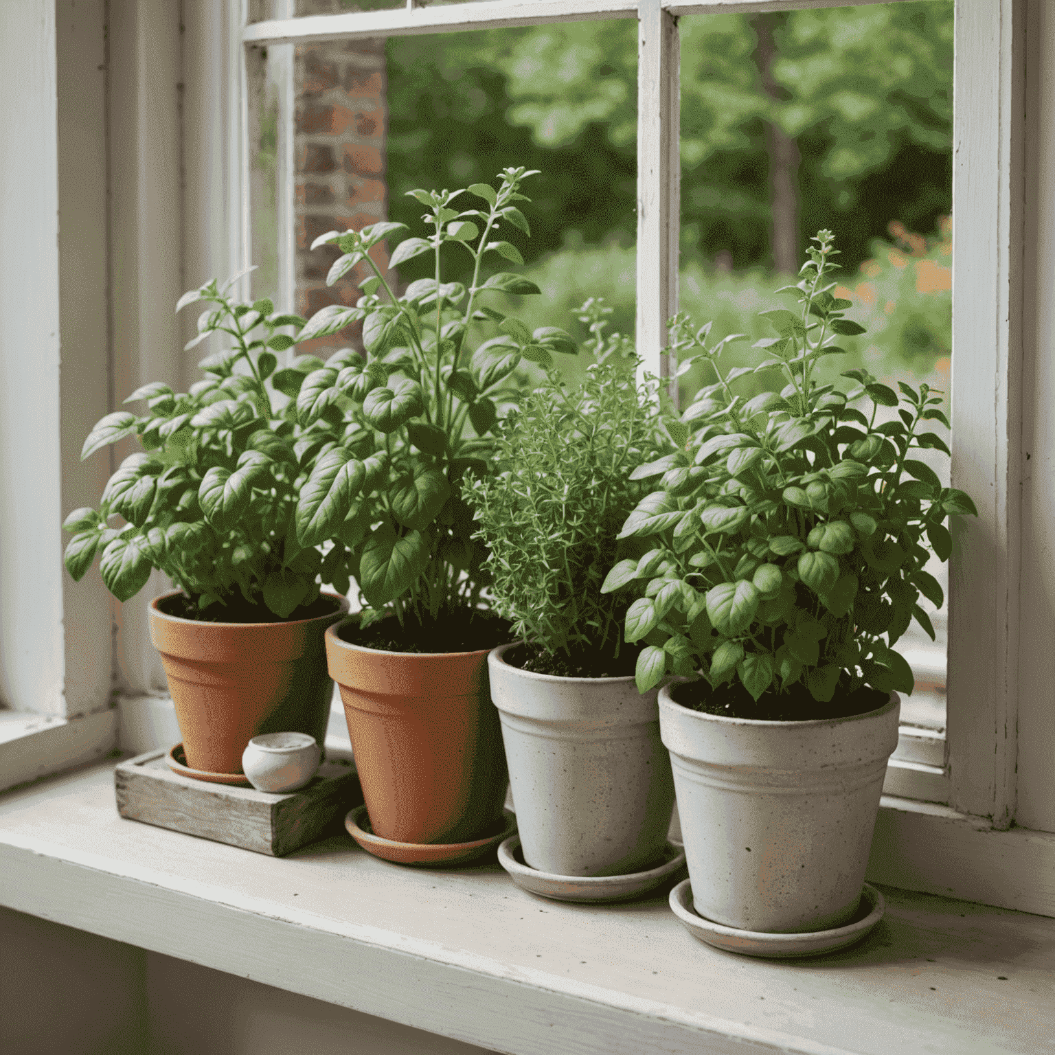 Mały ogródek ziołowy na parapecie okiennym, z doniczkami pełnymi świeżego oregano i innych ziół śródziemnomorskich