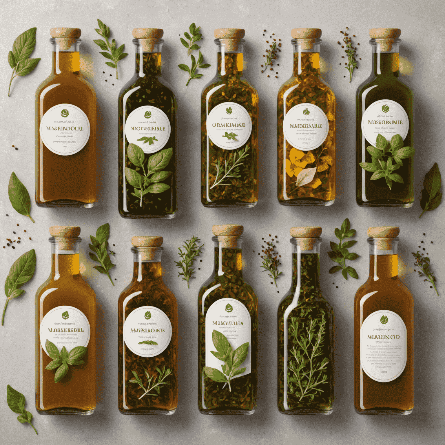 Zestaw domowych marynat i olejów ziołowych z oregano w szklanych butelkach