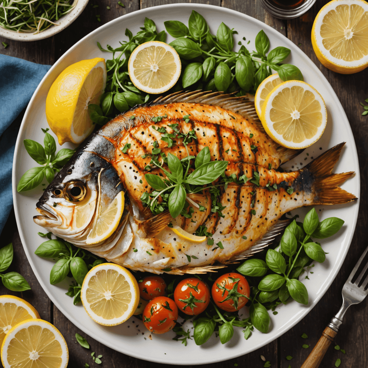 Talerz z grillowaną rybą śródziemnomorską, ozdobioną świeżymi gałązkami oregano i plasterkami cytryny