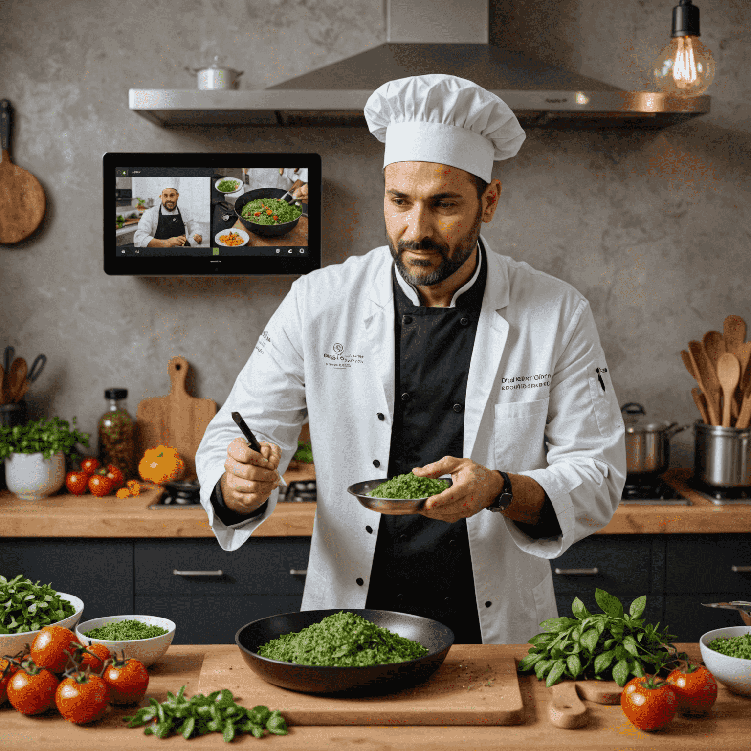 Profesjonalny szef kuchni prowadzący wirtualną konsultację, pokazujący na ekranie, jak używać oregano w przygotowaniu dania