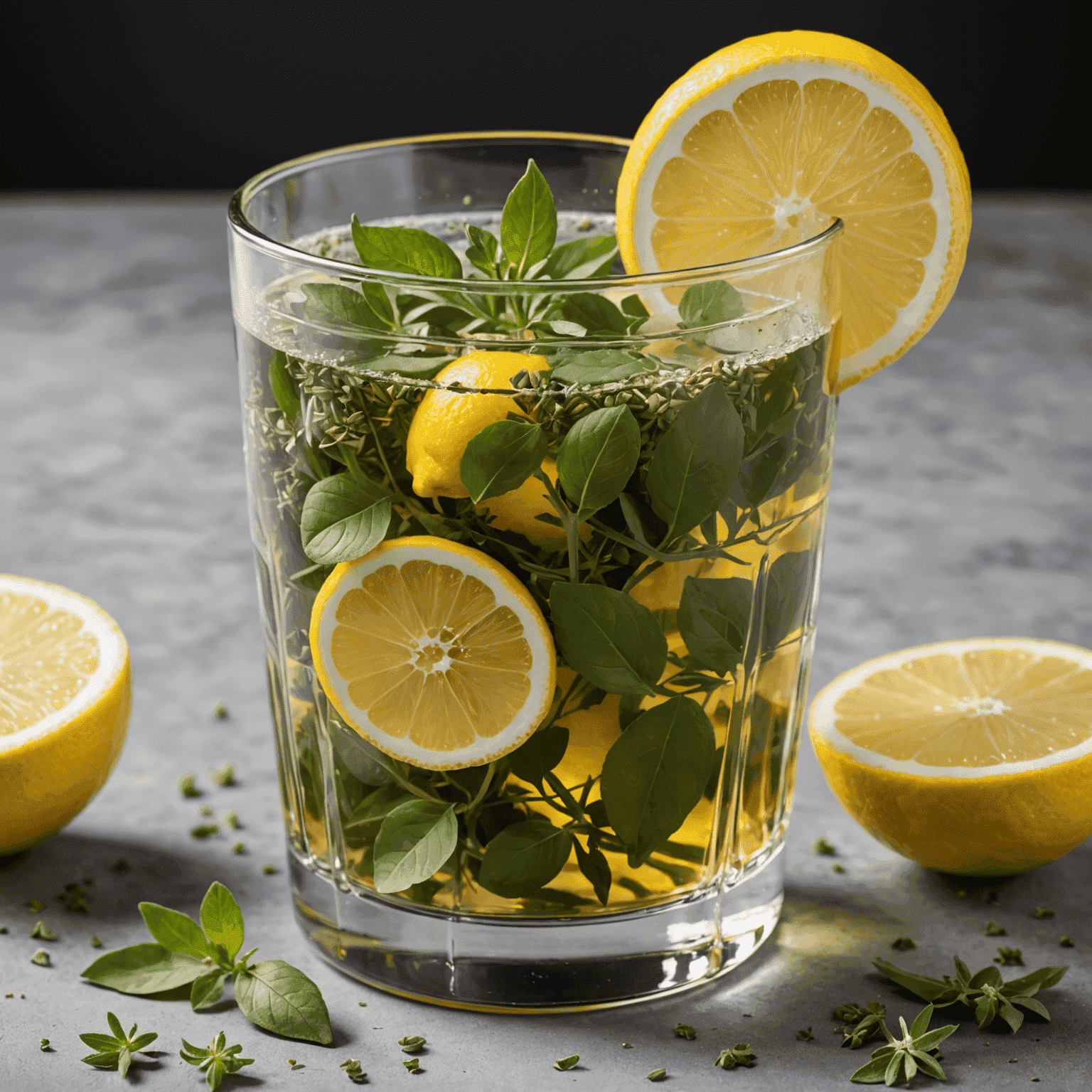 Szklanka z napojem ziołowym, w którym pływają listki świeżego oregano i plasterki cytryny